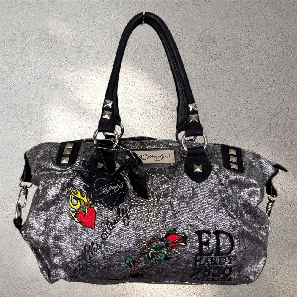 NOS Vtg Y2K Ed Hardy Christian Audigier Bag Purse Love Kills Studded Embroidered - Picture 2 of 8